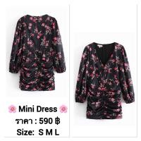 ราคา New!! ป้าย For love bell เดรสสั้นสีดำลายดอกแขนยาวคอวี เย็บย่นซิปหลัง งานสวยน่ารักมากงานป้ายนำเข้า (6170673135)