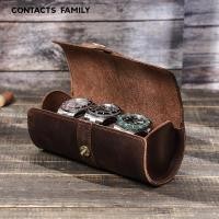 ราคา [หนังวัวพรีเมี่ยม] CONTACTS FAMILY Retro Crazy Horse Leather Watch Box Creative Round Buckle Genuine Leather Storage Box Three Pack (43024328702)