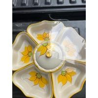 ราคา ชุดออเดิฟLฝาปิด เซรามิค ชุดจานออเดิร์ฟ 6ช่อง พร้อมถาดไม้หมุนได้ กว้าง 14นิ้ว จานออเดิร์ฟเซรามิคลายดอกสีเหลือง จานออเดิฟ (55050975309)