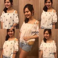 ราคา เสื้อเว้าไหล่ สายเดี่ยว ลูกไม้ ปัก ลายดอก สไตล์เกาหลี (1855074516)