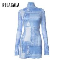 ราคา RelaGala ชุดเดรสยีนส์คอกลมลําลองพิมพ์ลายคอเต่าแขนยาว (25701115641)