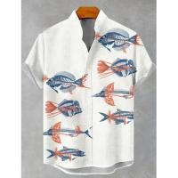 ราคา เสื้อเชิ้ตแขนสั้นผ้าลินินพิมพ์ลายปลาศิลปะลําลองสําหรับฤดูร้อนของผู้ชายกระดุมสบายและทันสมัยด้านบนของผู้ชาย (55952794469)