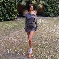 ราคา น่ารักใหม่ แฟชั่นมินิเดรสเฉือนคอเปลือยแขนยาวห่อสะโพกสีทึบผู้หญิงที่เรียบง่ายฤดูร้อนเกาหลีร้อนเจี๊ยบสไตล์ (41614304826)