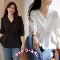 ราคา dode.mall เสื้อท็อปคอวีแขนสามส่วนลำลองสำหรับผู้หญิง โทนสีพื้น สำหรับฤดูใบไม้ผลิ/ฤดูร้อน W683 (46052527489)