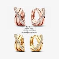 ราคา พร้อมส่ง‼️ Pandora ของแท้ ต่างหูห่วงซ้อน Crossover Pavé Hoop Earrings (24482460457)