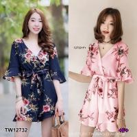 ราคา S12732 จั้มสูทแขนระบายลายดอก + สายผูกเอว พร้อมส่งในไทย (5738662339)