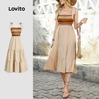 ราคา Lovito ชุดเดรสสไตล์โบโฮ ทรงสีบล็อก ตัดเย็บด้วยผ้าลูกไม้ เดรสสีกรมท่าอ่อนสำหรับผู้หญิงในฤดูใบไม้ผลิ/ฤดูร้อน L134ED677 (44403957704)
