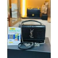 ราคา aint Laurent Paris Saint Laurent Black Croc Embossed Leather Small Sunset Shoulder Bag (26483424544)