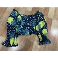 ราคา เสื้อครอปปาดไหล่แขนระบาย สีกรมท่าลายสัปรด (4391295482)