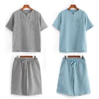 ราคา ชุดนอนผู้ชายชุด Muji สไตล์สไตล์ญี่ปุ่น Double-Layer เส้นด้ายชุดนอนแขนสั้น Crepe Loungewear กางเกงขาสั้นผู้ชายแขนสั้น (44305964016)