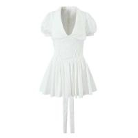 ราคา ▥ เสื้อคลุมคอปกแขนพองวินเทจของผู้หญิง, เสื้อคลุมคอตตอนผูกโบว์ชุดมินิเดรสสีขาวผูกโบว์มีระ (29432836767)