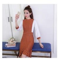 ราคา ชุดเดรสผ้าโพลีเอสเตอร์สีน้ำตาลอมส้มลายขวางเล็กสีขาว เข้ารูป (ลดราคาสินค้าค้างสต๊อก สินค้าสภาพดี) (29573162840)