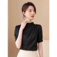 ราคา เสื้อแขนสั้นแต่งกระดุมข้างบน เนื้อผ้าซาติน ออกแบบเสื้อทำงาน (29260259027)