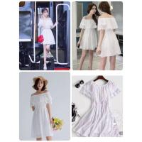 ราคา เดรสเปิดไหล่ ผ้าลูกไม้สีขาว เนื้อหนา มีซับใน เอวจั้มยืด (3210097249)