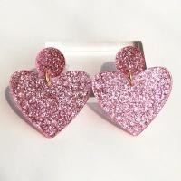 ราคา UJBOX Bling Glitter Pink Sequin Resin Acrylic Love Heart Earrings Dangle For Women (42675630945)