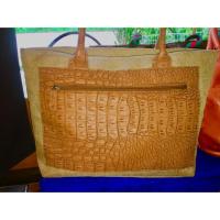 ราคา กระเป๋าสะพายใบใหญ่เป็นหนังผสมผ้ากระสอบวินเทจ (1589844510)