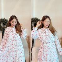 ราคา ชุดเดรสลายดอกไม้ Korea style ชุดเดรสสไตล์เกาหลีผูกโบว์คอ ชุดใส่ทำงาน ชุดออกงาน แฟชั่นสาวอวบ ชุดคลุมท้องแฟชั่น เดรสลายดอก (17480053026)