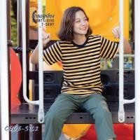 ราคา เนื้อผ้า​Cotton​ 100% ( Striped T-shirt Fashions ) ‼️ เสื้อยืดลายขวาง เสื้อยืดลายทาง ลายสีกรม/เหลือง S102 (12161623955)