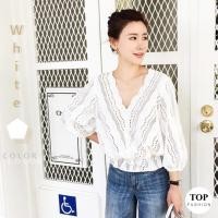 ราคา พร้อมส่งไทย ราคาถูกเสื้อคอวี ผ้าฝ้าย ใส่สบาย ผ้าลูกไม้แต่งลายฉลุ แขนห้าส่วน จั๊มเอว สีขาว แฟชั่น (6275930121)