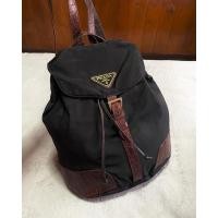 ราคา Prada Black Nylon Backpack with Brown Embossed Leather ของแท้ มือสอง แบรนด์เนม ปราด้า พราด้า (21654999926)