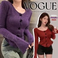 ราคา Vogueพร้อมส่ง เสื้อไหมพรมแขนยาว คอกลมกระดุมโบว์ ขอบหยัก ยืดกำลังดี (X-H12) (44375171201)