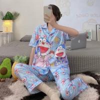 ราคา ชุดนอน ผ้าซาตินแขนสั้น-ขายาว สีฟ้า ลายโดเรม่อน (14899227653)