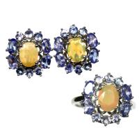 ราคา ต่างหู แหวน พลอยแท้ โอปอล สีขาวเหลือบรุ้ง 6 x 8 mm. ล้อม แทนซาไนท์ เงินแท้ 925 ชุบทองคำขาว (ไซร์แหวน 7) (29729548105)