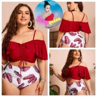 ราคา ชุดว่ายน้ำสาวอวบ ชุดว่ายน้ำสาวไซส์ใหญ่ ชุดว่ายน้ำคนอ้วน ขาวแดง ลายขนนก (1XL-4XL) (8758931631)