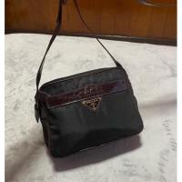ราคา Prada Black Nylon small crossbody bag with Brown Embossed Leather ของแท้ มือสอง แบรนด์เนม ปราด้า พราด้า (20668024342)
