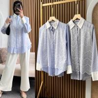 ราคา KEMEJA เสื้อเชิ้ตลูกไม้ลายทางบูติกน้อย | เสื้อเชิ้ตลายทางผู้หญิงผสมลูกไม้ (26838544847)