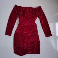 ราคา เดรสกำมะหยี่ ปาดไหล่ สีแดง (6542639609)