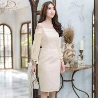ราคา ชุดออกงานราตรีสั้นสีครีมทอง เปิดไหล่ ทรงเข้ารูป แขนยาว (3911246535)
