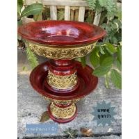 ราคา พานไม้ แพคคู่ พานเจ้านาง 9 นิ้วสูง 7 นิ้ว สีแดงทำเก่าแบบโบราณ เดินเส้นทอง ประดับกระจกสี ขันโตกสีแดง พาน พานโตก ลายไทย (14542151939)