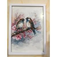 ราคา ภาพวาดนกคู่ ภาพมงคล ภาพวาดสีน้ำ/ภาพตกแต่งติดผนัง ตั้งได้ แขวนได้ ขนาดA4 พร้อมกรอบ (25432584697)