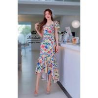 ราคา (3xl) พร้อมส่งชุดเดรสยาวลายดีจีสีน้ำเหลืองกระโปรงชายหางปลา งานป้าย Lady Sunshine แท้ มือ1 ป้ายห้อย (24851642122)