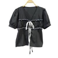 ราคา เสื้อคอวีผูกโบว์ แขนสั้น สีดำ ผูกเอวด้านหลัง (47000717034)