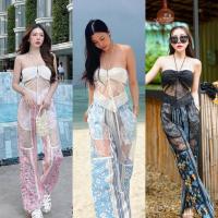 ราคา ❣️พร้อมส่ง สีฟ้า สีชมพู สีดำ Queen ชุด Set เสื้อไปทะเล ผ้าลูกไม้ผูกคอ คู่กางเกงเอวยางยืดแต่งลูกไม้ (28260259832)