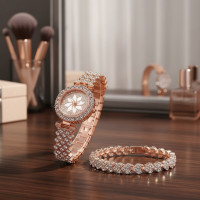 ราคา นาฬิกาข้อมือผู้หญิงหรูหราหน้าปัดลายดอกไม้วัสดุสายเหล็กระบบควอตซ์พร้อมสร้อยข้อมือคริสตัล (42872469088)