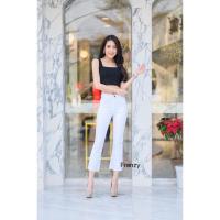 ราคา candyfashion กางเกงยีนส์ขาม้าเต่อผ้ายืดสีขาวแต่งปลายรุ่ย (8315077300)