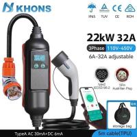 ราคา Khons ที่ชาร์จรถยนต์ไฟฟ้า Ev 22kw Evse 32A 3 เฟส Type2 แบบพกพา พร้อม Wifi-App สาย 5 เมตร IP65 สำหรับ (45601231899)