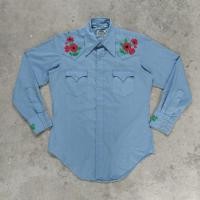 ราคา Vtg Miller Pearl Snap Western Chambray Shirt กระดุมมุก ผ้าแชมเบรย์ปักลาย ฐานหมุด Gripper-Scovill Made in USA (40923237846)