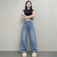 ราคา NAMCHA กางเกงยีนส์ทรงกระบอกกลาง กางเกงยีนส์ทรงกระบอกกลางเอวสูง ติดเพชรNAMCHA แต่งขอบลูกไม้ สียีนส์ 400 (54403809879)