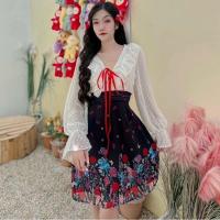 ราคา เดรสเมอรี่ แขนพองผ้าชีฟอง ซิปหลัง+สายผูกเอว ฟรีไซส์s-xl มีสีดำ (26620129479)
