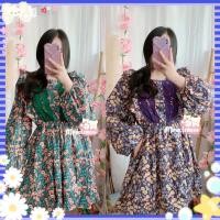 ราคา พร้อมส่ง มี2สี เดรสลายดอกไม้ โบฮีเมียน แขนยาว โทนสีน้ำตาล ทรงใหญ่ oversize เดรสกระโปรงยาว เดรสลายดอกไม้ งานป้าย (17964313373)