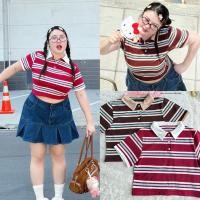 ราคา เสื้อครอปโปโล คอปก ลายทาง เสื้อครอปสาวอวบ อก36-48นิ้ว plussize (27228348661)