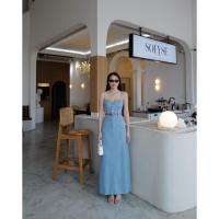 ราคา เดรสยาวยีนส์แท้สายเดี่ยวกระดุมหน้า +เข็มขัด อกทรงโค้งรับอก สายปรับได้ ผ้าไม่ยืด กระเป๋าใช้ได้จริง (42958375673)