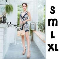 ราคา จั๊มสูทขาสั้นพิมพ์ลายแต่งผ้าซีทรูช่วงอก งานป้าย S M L XL (2643508976)