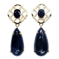 ราคา ต่างหูพลอยแท้ ไพลิน-น้ำเงิน 13 x 26 mm. และ ไพลิน-เผาเก่า ล้อม เพชร-cz เงินแท้ 925 ชุบทอง 18k (27763800896)