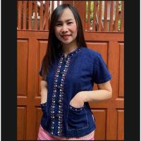 ราคา เสื้อคอจีนแขนสั้นปักดอกผ้าหม้อฮ่อม (9477340137)