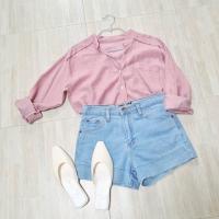 ราคา [มือ2]เสื้อแขนยาวผ้าลายยับสีชมพู เสื้อเชิ้ตสีชมพู เสื้อคอจีน (21503482196)